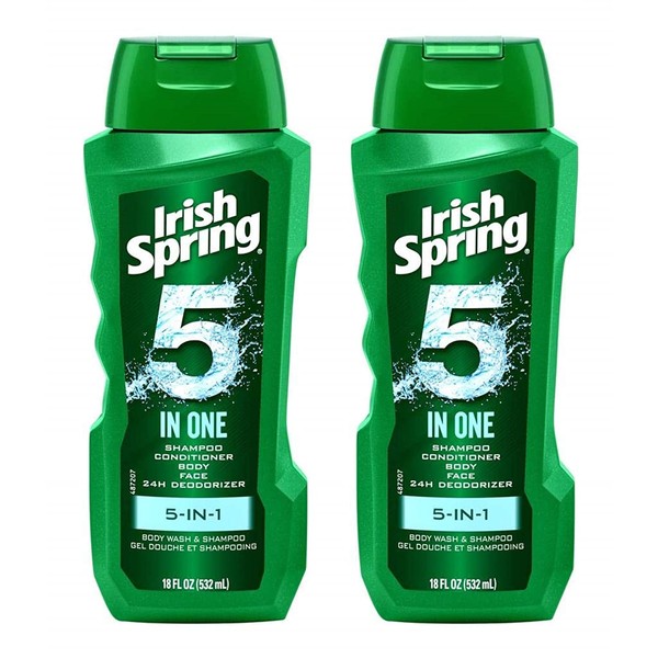 Irish Spring 5-in-1 Shampoo, Conditioner, Body Wash, Face Wash and Deodorizer, 18 oz (Pack of 2)