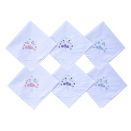 6 Pack of Ladies Embroidery Cotton Handkerchiefs Lace Border White Hankies