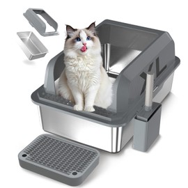 RUBLELITIE Stainless Steel Cat Litter Box Semi-Enclosed High Sides with Anti-Leak Feet for Large Cats Multi-Cat Homes, XL Non-Stick Surface & Includes Scoop (Dark Grey)