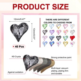 MECCANIXITY 40 Pcs 3D Heart Gray Nail Rhinestones 12x13mm K9 Glass Crystal Rhinestones Pointed Back Crooked Heart Gems for Nail Charm Art DIY Decoration Craft
