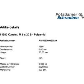 200 Pan Head Screws ISO 1580 M6x20 Polyamide