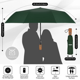 Yoobure Windproof Travel Umbrella with Wood Handle, Automatic Umbrellas for Rain & UV Sun Protection, Compact 46" Large Canopy, Lightweight Backpack Portable for Walking & Outdoor