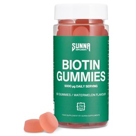 SUNNA SUPPLEMENTS Biotin Gummies 5000mcg – Halal, Gelatine-Free Hair Growth Gummies for Women – Supports Hair, Skin & Nails – Natural Watermelon Flavour – 60 Count