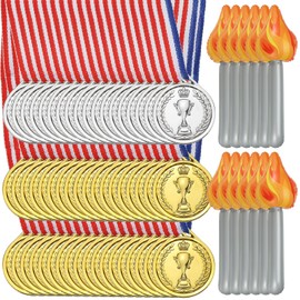 PATIKIL Winner Award Medals Sets - 54 Pcs 1.5 Inch Small Plastic Gold Silver Bronze Award Medals with Trophy Shape 12 Pcs Inflatable Torch Props for Team Sports Competitions