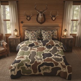 Erosebridal Camo Deer Comforter Set 7 Pcs Camouflage Hunting Deer Bedding Set Twin Green Military Army Camo Bed in A Bag for Kids Boys Girls Country Hunter Wildlife Sheet Set with Comforter