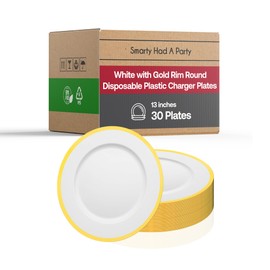 Smarty Had A Party 30 White with Gold Rim Round Disposable Plastic Charger Plates 13" Disposable Plastic Plates for Party, Weddings, Catering