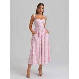 KUTUMAI Floral Corset Midi Dress Flowy Slit Summer Spring Wedding Guest Dresses for Women Sundress with Pockets PF S