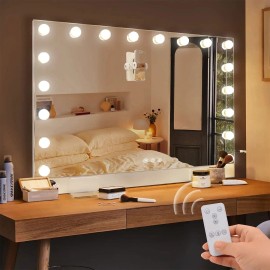 Selfie Remote Control Vanity Mirror with Light Vanity Mirror 18 LED Bulbs Magnet Phone Holder Tabletop Makeup Mirror Wall Mountcolor: White, size: 31.50*7.87*22.8"