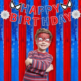 ArtAubrey Spider Web Birthday Banner Foil Fringe Curtains 2 Pack Spider Party Supplies, 3.3x6.6ft Red and Blue Photo Booth Prop Backdrop Streamer, Theme Party Decorations for Boys