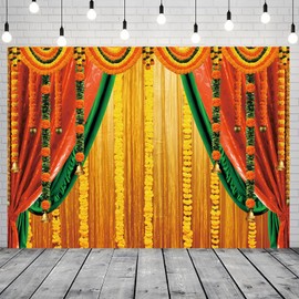 CRTPOD Indian Pooja Backdrop Orange Yellow Diwali Ganpati Marigold Puja Traditional Festival Background Photography Banner for Birthday Wedding Party Decorations Photo Photobooth Props 7x5ft