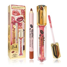 JOSURBEAUTY Glitter Matte Lipstick & Lipliner Pencil Setwith metallic shimmer lip gloss tint - long lasting lip gloss, glitter lip gloss, shimmer lip gloss for a bold look，Sparkling Red 4ml