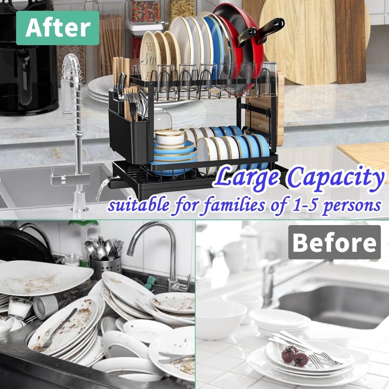 AIDERLY 2 Tier Dish Drainer Rack with Drip Tray Cutlery