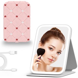 Mocado Travel Makeup Mirro with Lights, 360° Rotation Lighted Makeup Mirror, Portable Mirror with 10x Magnification, 60LEDs 3 Color Lightings, Dimmable Touch Screen, Tabletop Light up Mirror(Heart)