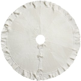 60-Inch Ruffled Sweater Knit Christmas Tree Skirt with Lace Ties, Cream White
