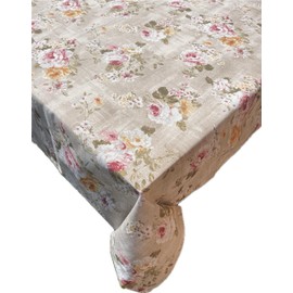 1KDreams Tablecloth - Floral Tablecloth with Pink Roses and Beige Background - Elegant Tablecloth Shabby Chic - Made in Italy (Pink, 130 x 180 cm)
