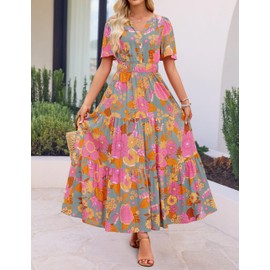 ZESICA Women's 2025 Summer Casual Floral Print Short Sleeve V Neck High Waist A Line Tiered Flowy Boho Maxi Dress,GreyGreen,Medium