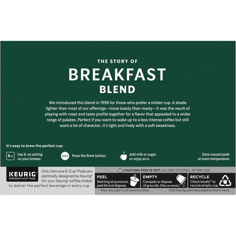 Starbucks Coffee K-Cup Pods, Breakfast Blend Medium Roast, Ground Coffee