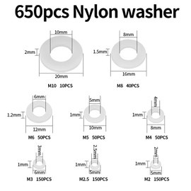 Pack of 650 Nylon Washers Flat Plastic Body Washers Round Washers Spacers Sealing Washers for Screws Insulation - White, M2/M2.5/M3/M4/M5/M6/M8/M10