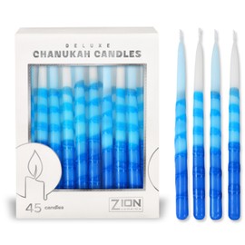 Zion Judaica Deluxe Chanukah Candles Set of 45 Ombre Blue and White Hanukkah Menorah Candles with Pop-Out Dreidel and Blessings Card