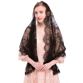 PAMOR Velo rectangular de capilla española de encaje floral Mantilla velos envolventes para la cabeza, Negro -, Talla única