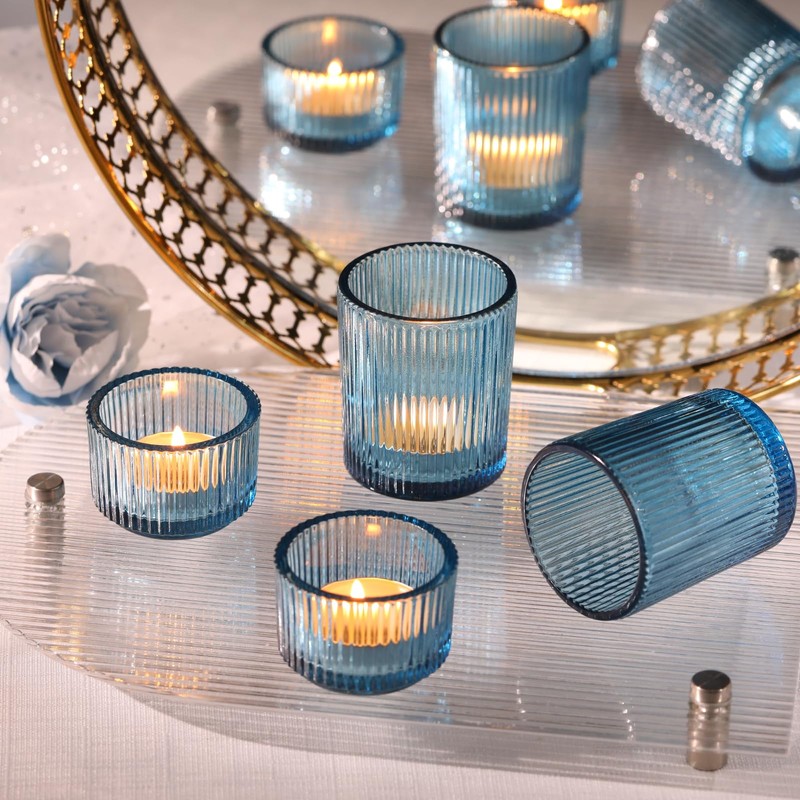 NITIME 20pcs Ribbed Blue Votive Candle Holders, Assorted Tea Lights