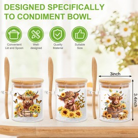 3Pcs Highland Cow Sunflower Condiment Container Pots Watercolor Cattle Floral Glass Seasoning Storage Jars Set with Lid & Spoon Tea Coffee Sugar Canister for Home Kitchen Countertop Decorations