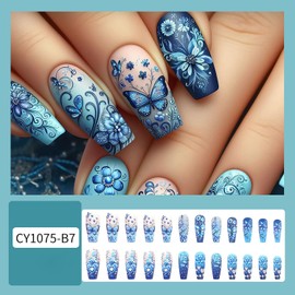 Blue Love Heart French Press on Nails Long Length Ballet Shaped Flower Butterfly Pattern Design Full Cover Matte False Nail Spring Floral Manicure Artificial Acrylic Glue on Nails for Women 24Pcs