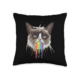 Mad cat is tired of everything Grumpy-Looking cat Puking and Vomiting a Rainbow Throw Pillow, 16x16, Multicolor