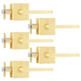 Leydebong 5 Pack Door Handles Keyless Privacy Door Lever Interior Door Handles Knobs, Left/Right Handing, Satin Brass Finish, Heavy Duty Constructions