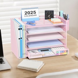 OPNICE Desk Organizers and Accessories with File Holder, 5-Tier Office Desk Accessories & Workspace Desktop Organizer with Drawer and 2 Pen Holder, File Paper Organizer for Office Supplies(Pink)