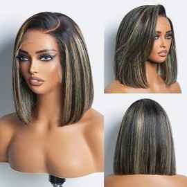 SKYDO Highlight Bob Wigs Human Hair P1B/27 Ombre Lace Front Wigs Human Hair Bob Wig 13x4 Frontal Lace Wig 180% Density Honey Blonde Wig Human Hair Pre Plucked Hairline with Baby Hair 12inch