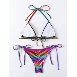 Women's Liquid Metallic Rainbow Bikini Sets Shiny String Padded Triangle 2 Pieces Swimsuit Set