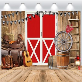 ASDCXZ Western Cowboy Photo Background 2.2 x 1.5 m, Wild West Rustic Red Barn Door Farm Wood Photography Background Baby Shower Birthday Western BBQ Party Decoration Banner Photo Studio Props