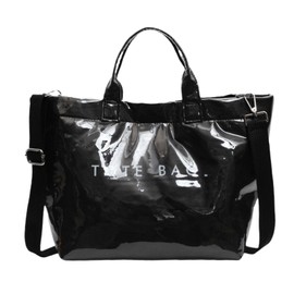 OWGSEE PVC Tote Bag for Women Large Clear Plastic Letter Print Kraft Paper Top Handle Crossbody Shoulder Hobo Handbag(D-Black)