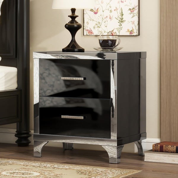 Elegant High Gloss Nightstand with Metal Handle,Mirrored Bedside Table with