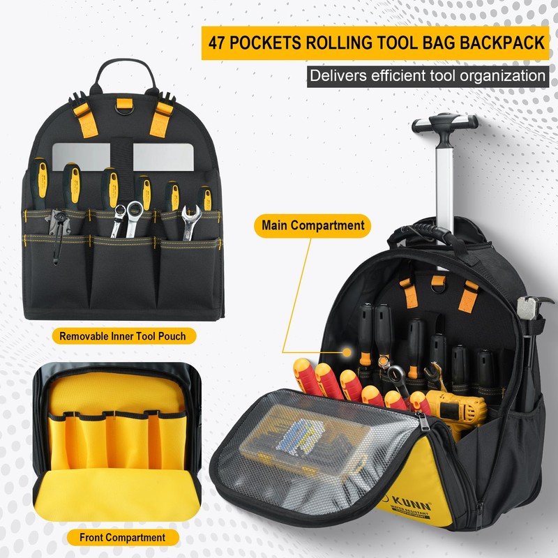 KUNN Rolling Tool Backpack with Wheels, Heavy Duty Waterproof Wheeled