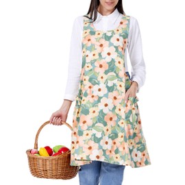 OCXMME OCXXMME Adjustable Easeful Cross Back Aprons for Women Floral Aprons with Pockets Cotton Linen, Rose With Green Background, Large