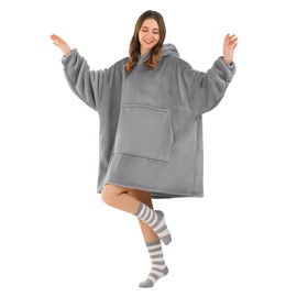Good Nite Blanket with Sleeves for Women and Men, Sherpa Cuddly Blanket, Portable Blankets, Adult Cosy Sweater, Portable Warm Blankets, Oversized Hoodie with Pockets, Grey (80 x 85 cm)