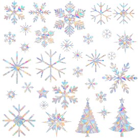 Snowflake Window Decals for Bird Strikes,Anti-Collision Clings to Save Birds,Non Adhesive Prismatic Window Clings, Rainbow Stickers,Christmas Snowflake and Tree Star Window Clings,(32pcs)