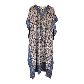 KIRAN FASHION New Ladies Paisley Print Kaftan Summer Long Dress ONE Size Lightweigh Beach Cover up (Blue)