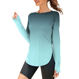 ZHENWEI Long Sleeve UPF 50+ Shirts for Women Outdoor Athletic Sun Shirts Quick Dry Running Boat Neck Light Weight Gym Tops (Black Blue Tie-Dye, L)