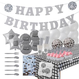 ecoZen Disco Birthday Decorations Set - Sparkly Themed Supplies with Disco Ball Decor, Iridescent Balloons, Tableware, Flatware, Cupcake Liners, Table Cover, Happy Birthday Banner, Party Favor Bags