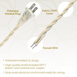 Royal Designs, Inc. 8Ft Twisted Rayon Lamp Cord with NEMA-15P Plug, On/Off Switch, Stripped Ends Ready for Wiring, SPT-1 UL Listed, Off/White - Pack of 1