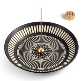 Incense Holder for Sticks, Coil, Sage, Incense Cone Holder 6.7", Ceramic Incense Burner Holder with 9 Incense Holes, Ash Catcher Tray for Meditation Yoga Relaxation Home Decor (Black)