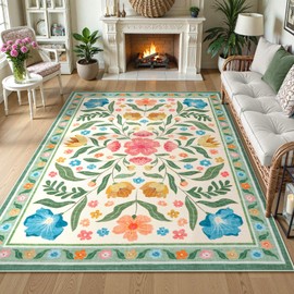 Anidaroel Floral Living Room Rug, Boho Area Rugs 5x7 Rug for Bedroom Non-Slip Soft Rug, Stain Resistant Low Pile Dining Room Rugs Under Table Carpet for Nursery Kids Playroom Dorm, Green
