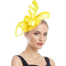 Zando Fascinators Hats for Women Tea Party Hat Ribbons Feathers Ken-tucky Derby Hats for Women 2025 Fascinator Headband Headpiece Cocktail 20s 50s Tea Hat Wedding Church Hair Clip Yellow Fascinator