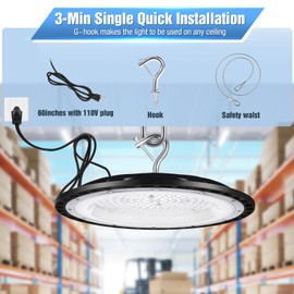 YANYCN 200W UFO Led High Bay Light Fixture,120VAC,30800LM,5000K Daylight Commercial Shop Bay Lighting,[850W MH/HPS Equiv.] US Plug Area Lighting for Garage/Warehouse/Barn/Gym/Factory/Workshop