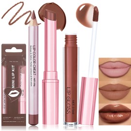 Wugbc 3Pcs Brown Lip Liner and Lipstick Combo Matte Lip Liner Pencil Hydrating Lip Gloss Pack Long Lasting Plumping Lip Kit for Women Makeup Non-Sticky Liquid Lipstick Pen Precise shaping, #4