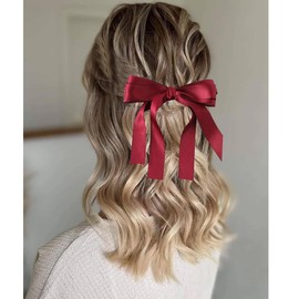 Inateannal Bow Hair Bands for Women Large Satin Bow Hair Clips Silky Satin Hair Bow Clips Red Bowknot Hair Clip Long Tail Bow Hair Accessories French Hair Band Barrettes