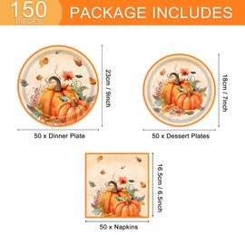 SJJPDYY 150Pcs Thanksgiving Plates and Napkins Set for 50 Guests, 9" Pumpkin Plates, Leave shaped Napkins, 7" Forks for Friendsgiving, Fall Party Supplies, Total 150PCS